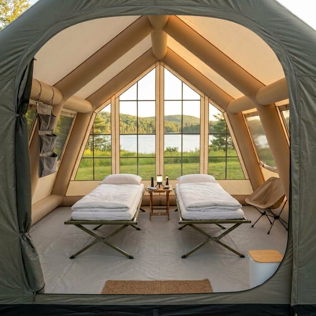 Intérieur d'une tente forfait Confort avec lits de camp, table de chevet et chaise pliante