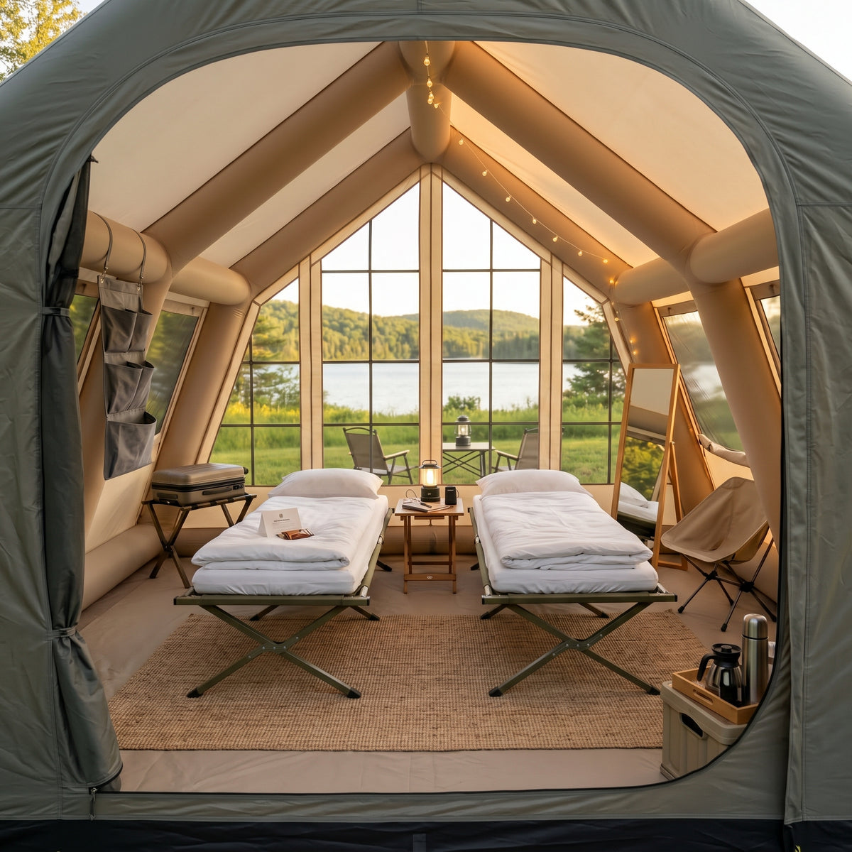 Intérieur d'une tente glamping Signature avec lits de camp, literie, lanterne et vue sur le lac