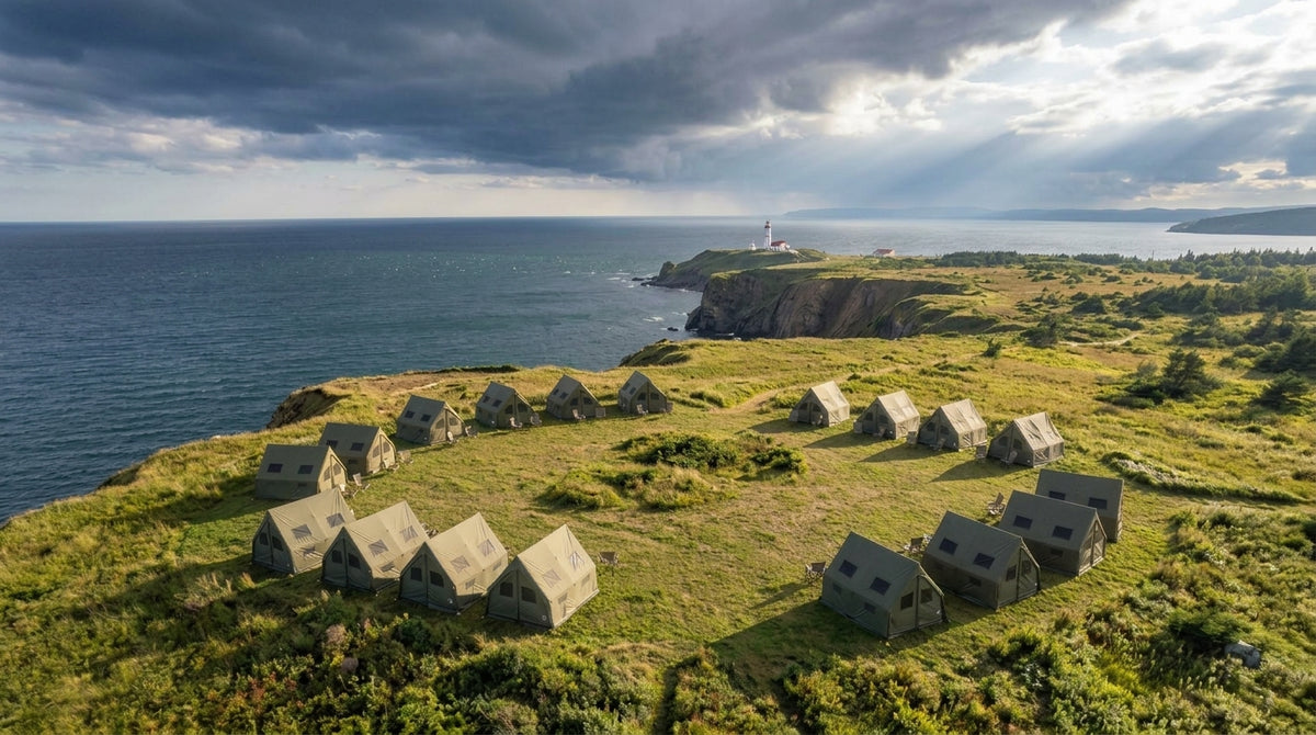 Village de tentes glamping sur une falaise en Gaspésie, face à la mer et à un phare