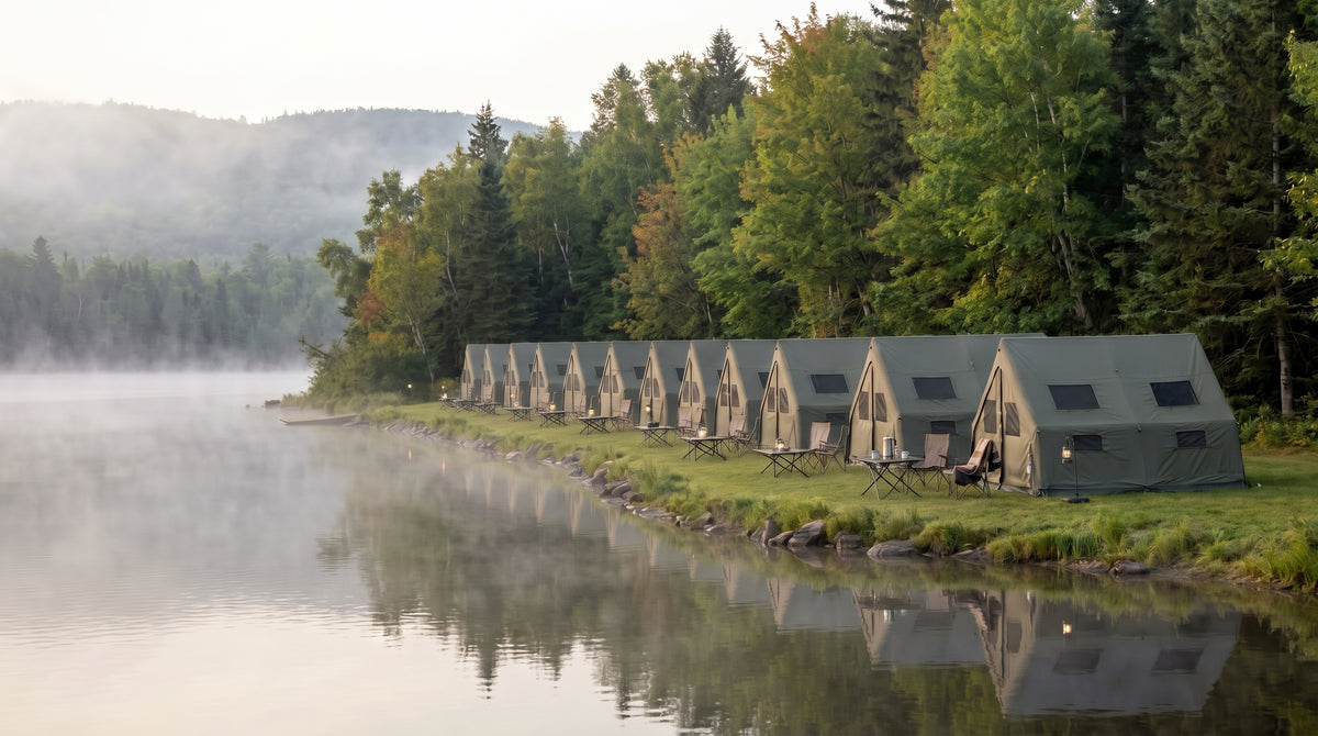 Tentes glamping alignées au bord d'un lac des Laurentides dans la brume du matin