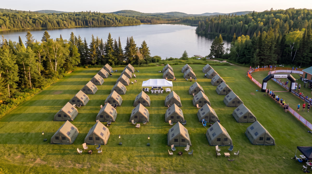 Vue aérienne d'un village éphémère de tentes glamping installé près d'un lac, à côté d'un événement sportif au Québec